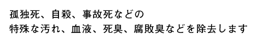 孤独死、自殺、事故死などの特殊な汚れ、血液、死臭、腐敗臭などを除去します